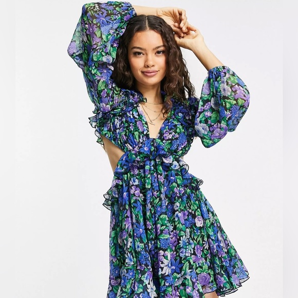 ASOS DESIGN Petite Ruffle Mini Dress Blue Floral Lace Up Back Size 2P - Picture 1 of 7